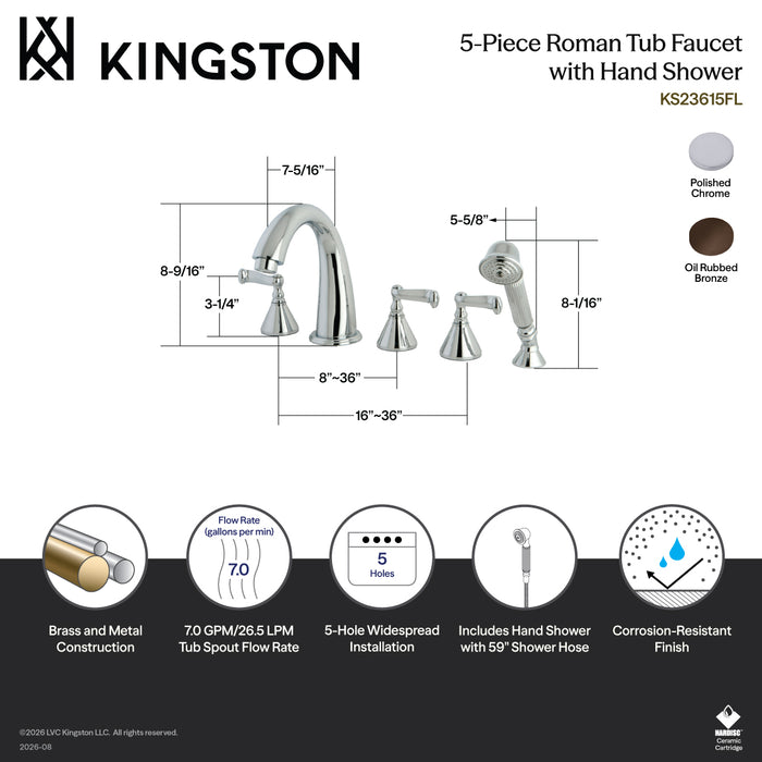 Kingston Tulare KS23615FL Three-Handle 5-Hole Deck Mount Roman Tub Faucet with Hand Shower, Polished Chrome