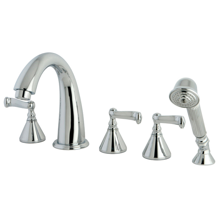 Kingston Tulare KS23615FL Three-Handle 5-Hole Deck Mount Roman Tub Faucet with Hand Shower, Polished Chrome