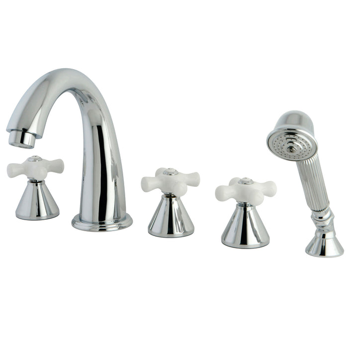 Kingston Tulare KS23615PX - Milano Three-Handle 5-Hole Deck Mount Roman Tub Faucet with Hand Shower, Polished Chrome