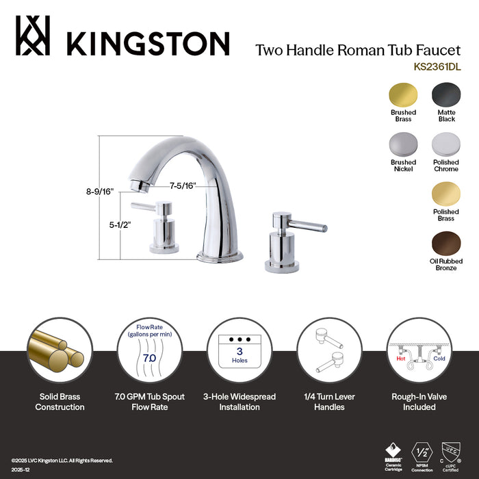 Kingston Sona KS2361DL - Concord Two-Handle 3-Hole Deck Mount Roman Tub Faucet, Polished Chrome
