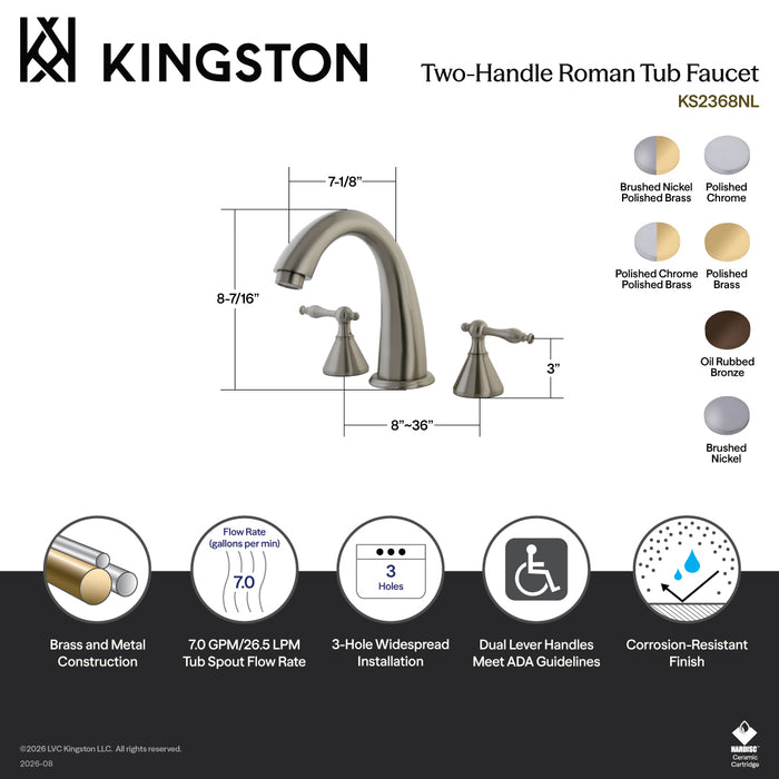 Kingston Tulare KS2361NL - Naples Two-Handle 3-Hole Deck Mount Roman Tub Faucet, Polished Chrome
