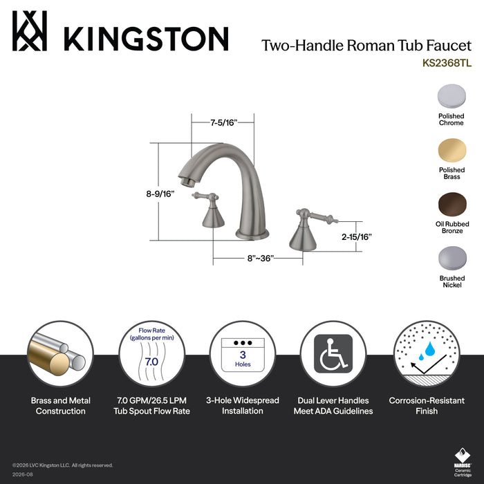 Kingston Tulare KS2361TL - Roman Two-Handle 3-Hole Deck Mount Roman Tub Faucet, Polished Chrome