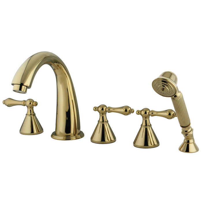 Kingston Tulare KS23625AL - Roman Three-Handle 5-Hole Deck Mount Roman Tub Faucet with Hand Shower, Polished Brass