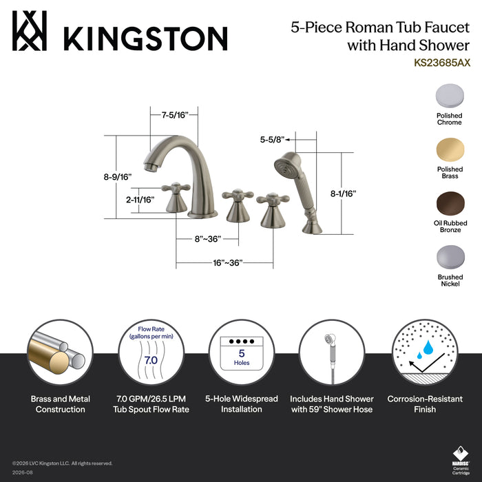 Kingston Tulare KS23625AX - Roman Three-Handle 5-Hole Deck Mount Roman Tub Faucet with Hand Shower, Polished Brass