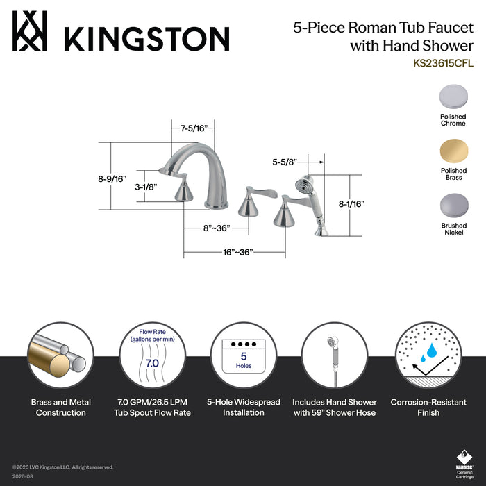 Kingston Tulare KS23625CFL - Century Three-Handle 5-Hole Deck Mount Roman Tub Faucet with Hand Shower, Polished Brass
