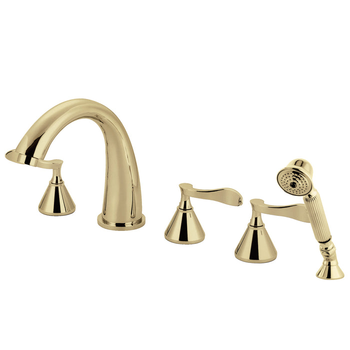 Kingston Tulare KS23625CFL - Century Three-Handle 5-Hole Deck Mount Roman Tub Faucet with Hand Shower, Polished Brass