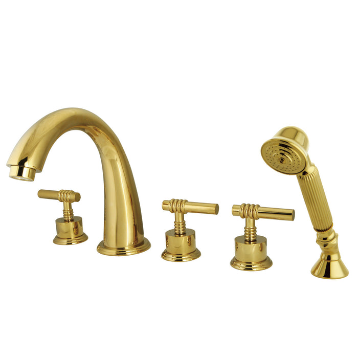 Kingston Sona KS23625ML - Manhattan Three-Handle 5-Hole Deck Mount Roman Tub Faucet with Hand Shower, Polished Brass
