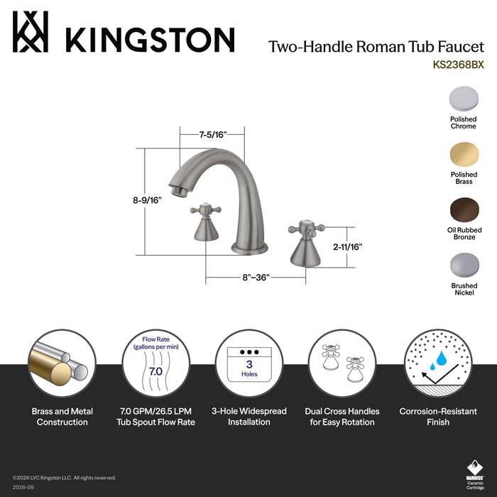 Kingston Tulare KS2362BX - Roman Two-Handle 3-Hole Deck Mount Roman Tub Faucet, Polished Brass