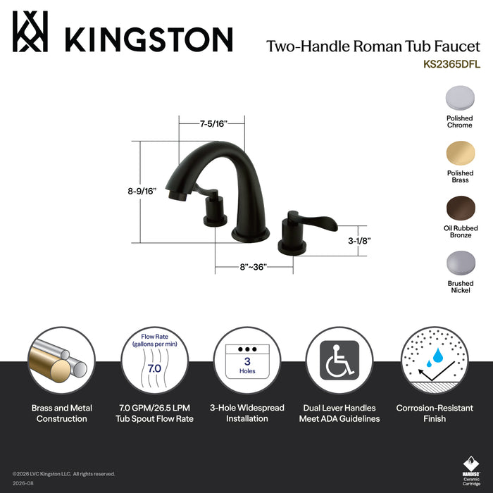 Kingston Tulare KS2362DFL - Vintage Two-Handle 3-Hole Deck Mount Roman Tub Faucet, Polished Brass