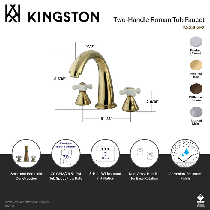 Kingston Tulare KS2362PX - Naples Two-Handle 3-Hole Deck Mount Roman Tub Faucet, Polished Brass