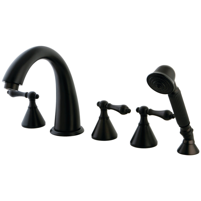 Kingston Tulare KS23655AL - Roman Three-Handle 5-Hole Deck Mount Roman Tub Faucet with Hand Shower, Oil Rubbed Bronze