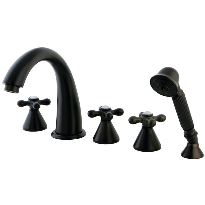 Kingston Tulare KS23655AX - Roman Three-Handle 5-Hole Deck Mount Roman Tub Faucet with Hand Shower, Oil Rubbed Bronze