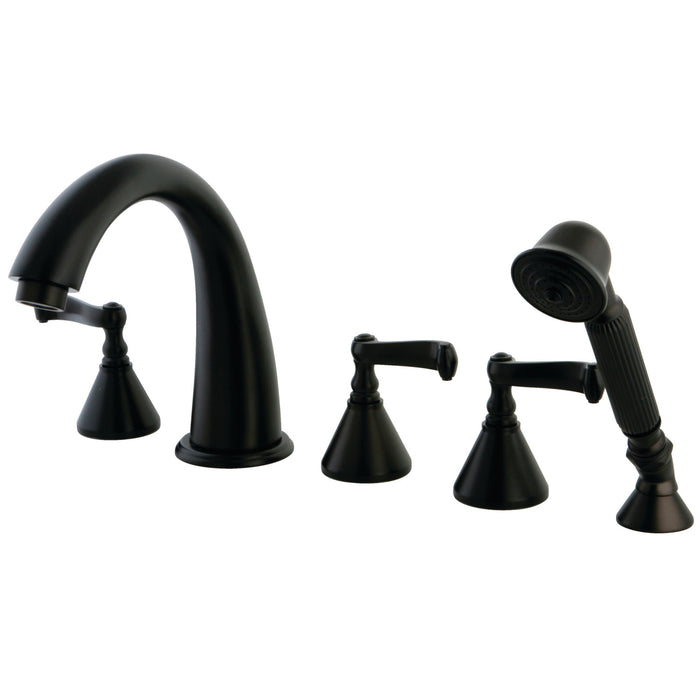 Kingston Tulare KS23655FL Three-Handle 5-Hole Deck Mount Roman Tub Faucet with Hand Shower, Oil Rubbed Bronze