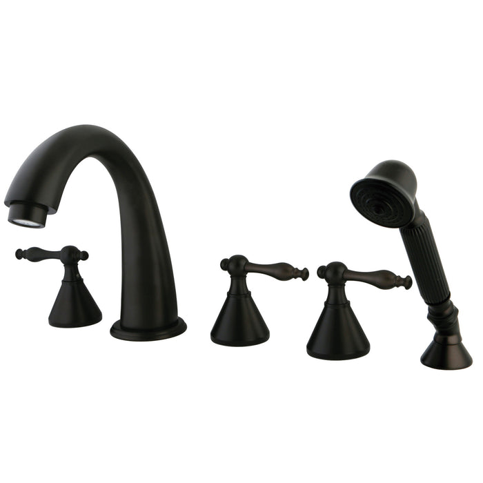 Kingston Tulare KS23655NL - Naples Three-Handle 5-Hole Deck Mount Roman Tub Faucet with Hand Shower, Oil Rubbed Bronze