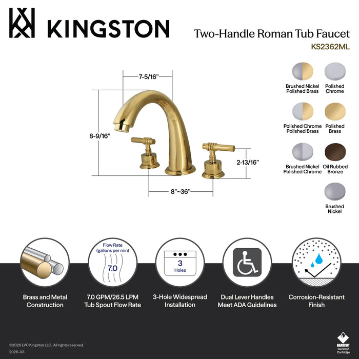 Kingston Tulare KS2365ML - Milano Two-Handle 3-Hole Deck Mount Roman Tub Faucet, Oil Rubbed Bronze