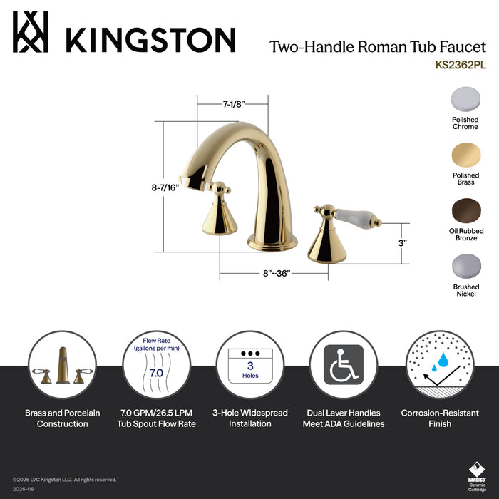 Kingston Tulare KS2365PL - Naples Two-Handle 3-Hole Deck Mount Roman Tub Faucet, Oil Rubbed Bronze