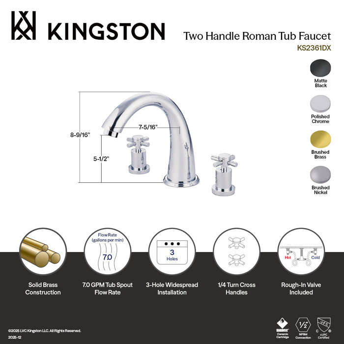 Kingston Sona KS2367DX - Concord Two-Handle 3-Hole Deck Mount Roman Tub Faucet, Brushed Brass