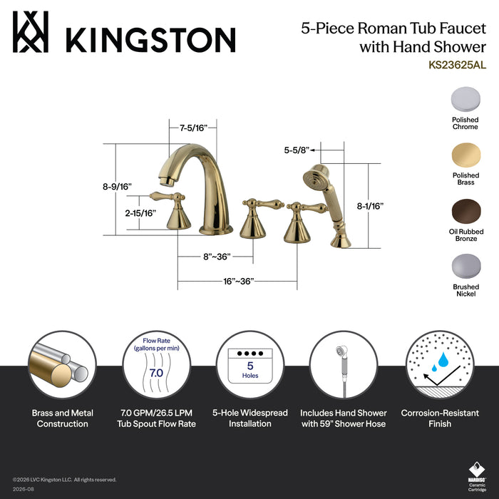 Kingston Tulare KS23685AL - Roman Three-Handle 5-Hole Deck Mount Roman Tub Faucet with Hand Shower, Brushed Nickel
