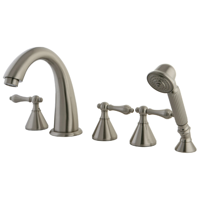 Kingston Tulare KS23685AL - Roman Three-Handle 5-Hole Deck Mount Roman Tub Faucet with Hand Shower, Brushed Nickel