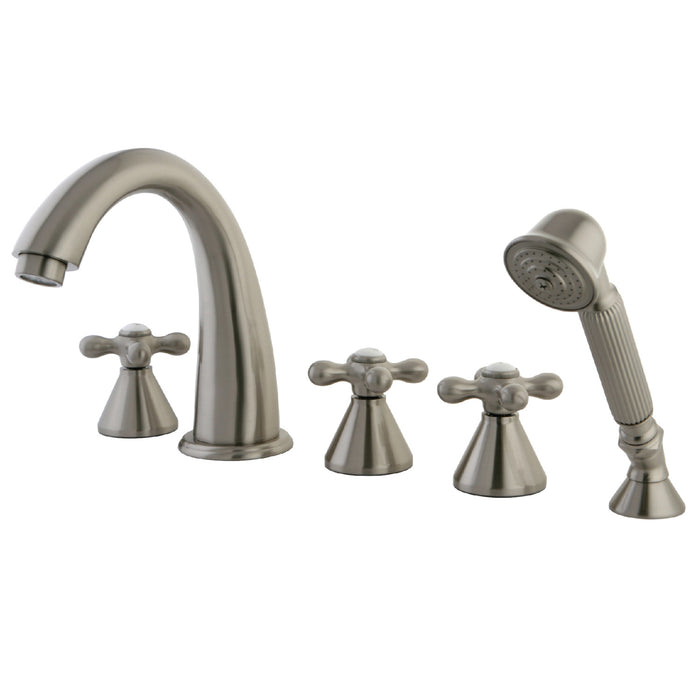 Kingston Tulare KS23685AX - Roman Three-Handle 5-Hole Deck Mount Roman Tub Faucet with Hand Shower, Brushed Nickel