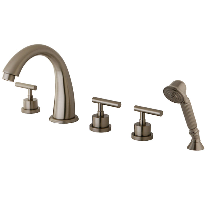 Kingston Sona KS23685CML Three-Handle 5-Hole Deck Mount Roman Tub Faucet with Hand Shower, Brushed Nickel