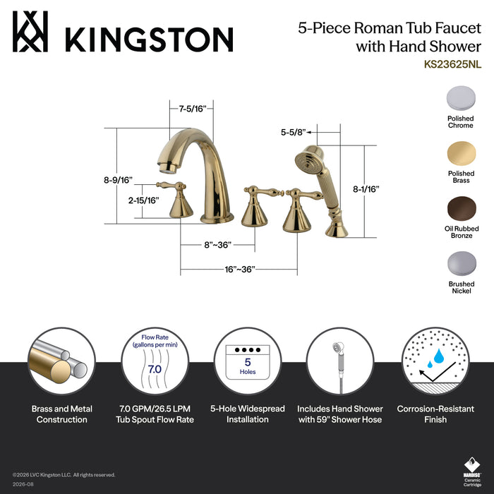 Kingston Tulare KS23685NL - Naples Three-Handle 5-Hole Deck Mount Roman Tub Faucet with Hand Shower, Brushed Nickel