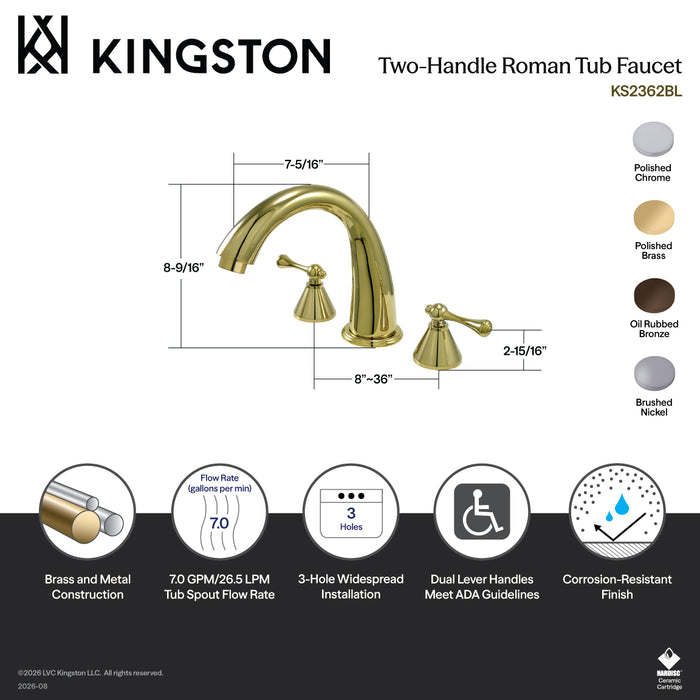 Kingston Tulare KS2368BL - English Country Two-Handle 3-Hole Deck Mount Roman Tub Faucet, Brushed Nickel