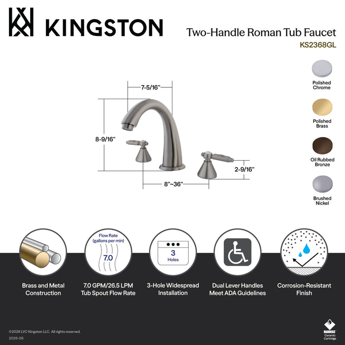 Kingston Tulare KS2368GL - Roman Two-Handle 3-Hole Deck Mount Roman Tub Faucet, Brushed Nickel