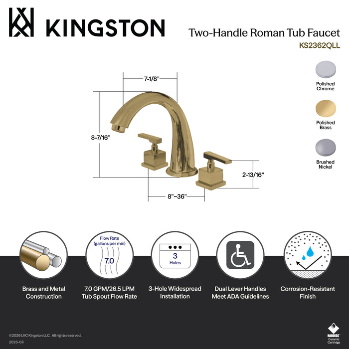 Kingston Tulare KS2368QLL - Executive Two-Handle 3-Hole Deck Mount Roman Tub Faucet, Brushed Nickel