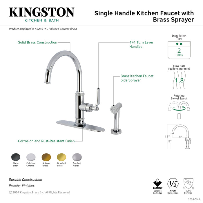 Kingston Sona KS2430KL - Whitaker Single-Handle 2-Hole Deck Mount Kitchen Faucet with Brass Side Sprayer, Matte Black