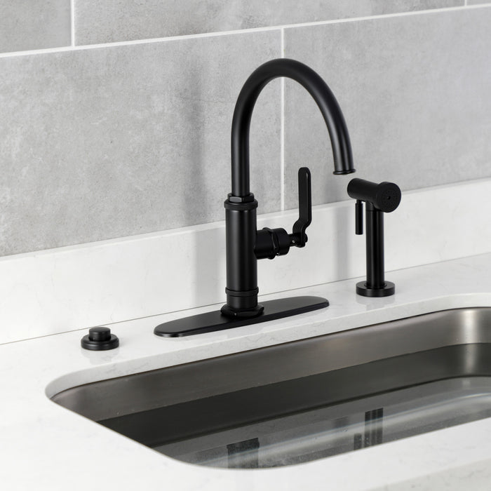 Kingston Sona KS2430KL - Whitaker Single-Handle 2-Hole Deck Mount Kitchen Faucet with Brass Side Sprayer, Matte Black