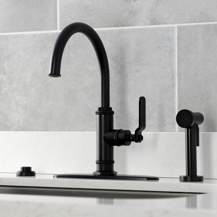 Kingston Sona KS2430KL - Whitaker Single-Handle 2-Hole Deck Mount Kitchen Faucet with Brass Side Sprayer, Matte Black