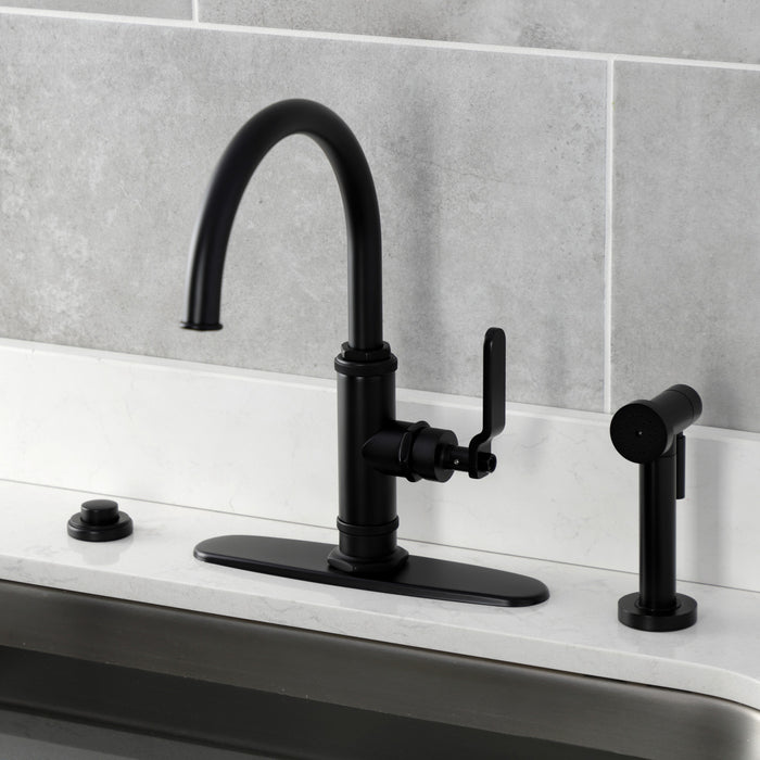 Kingston Sona KS2430KL - Whitaker Single-Handle 2-Hole Deck Mount Kitchen Faucet with Brass Side Sprayer, Matte Black