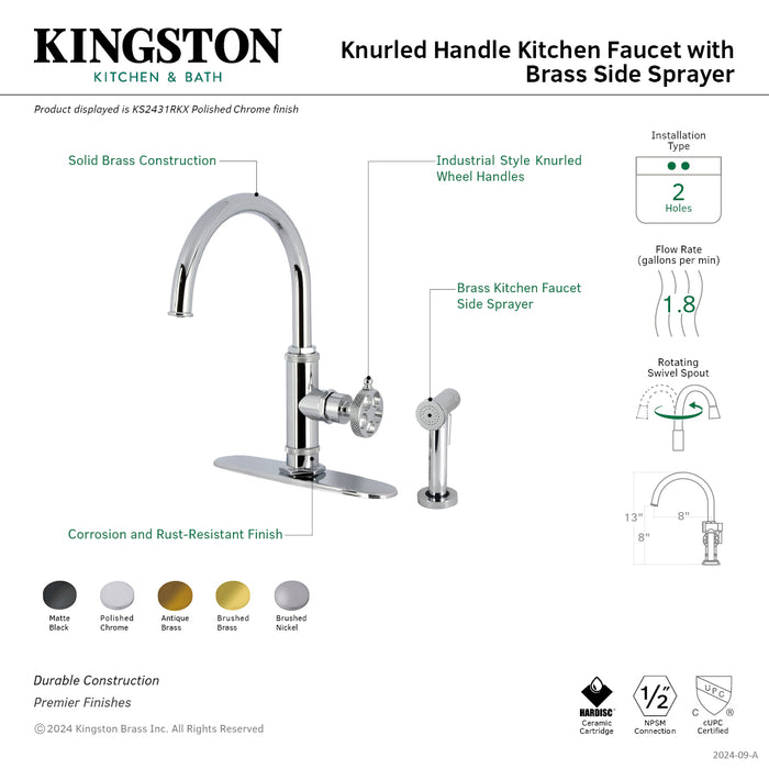 Kingston Sona KS2430RKX - Webb Single-Handle 1-Hole Deck Mount Kitchen Faucet with Knurled Handle and Brass Side Sprayer, Matte Black