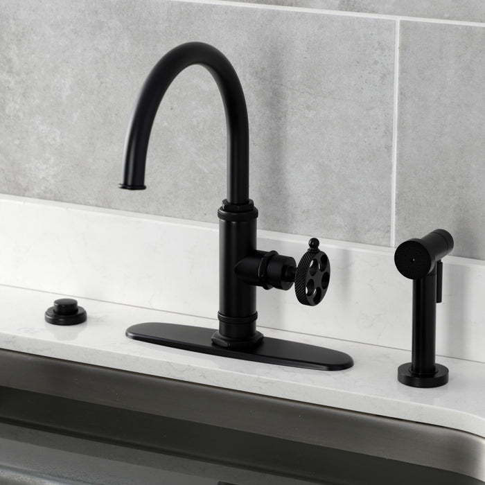 Kingston Sona KS2430RKX - Webb Single-Handle 1-Hole Deck Mount Kitchen Faucet with Knurled Handle and Brass Side Sprayer, Matte Black