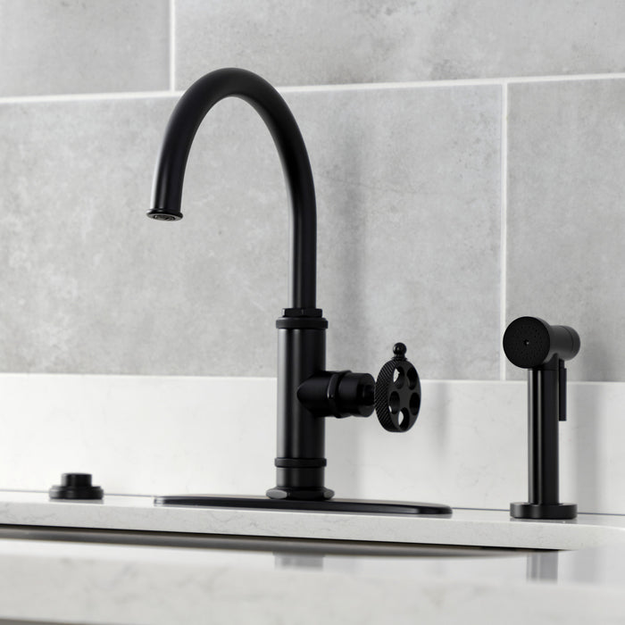 Kingston Sona KS2430RKX - Webb Single-Handle 1-Hole Deck Mount Kitchen Faucet with Knurled Handle and Brass Side Sprayer, Matte Black
