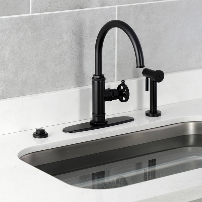 Kingston Sona KS2430RKX - Webb Single-Handle 1-Hole Deck Mount Kitchen Faucet with Knurled Handle and Brass Side Sprayer, Matte Black