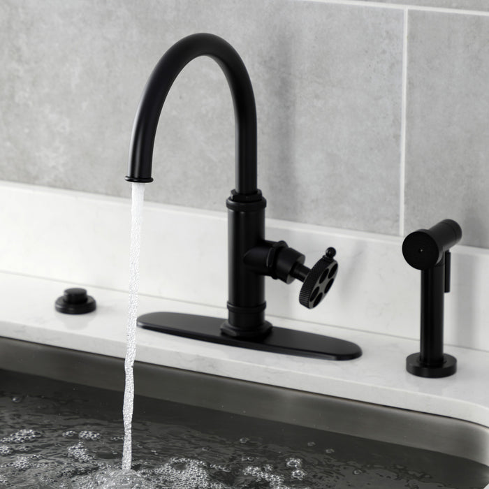 Kingston Sona KS2430RKX - Webb Single-Handle 1-Hole Deck Mount Kitchen Faucet with Knurled Handle and Brass Side Sprayer, Matte Black