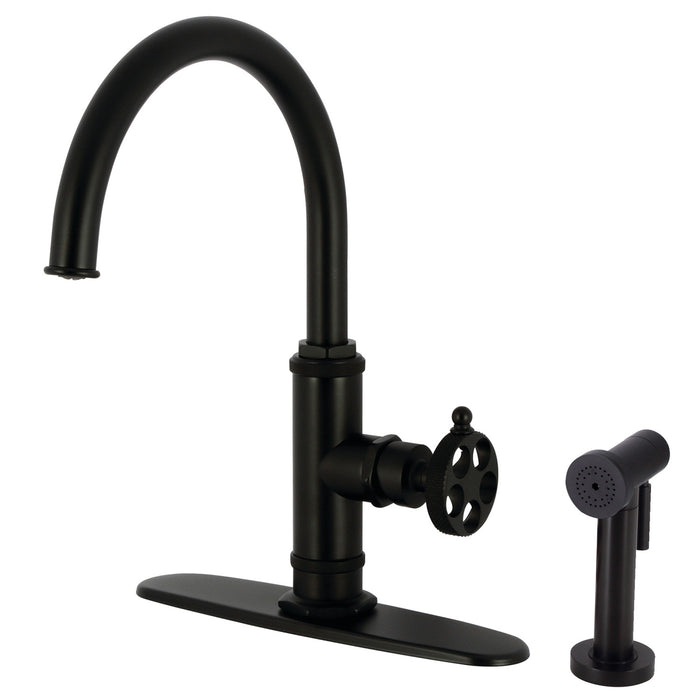 Kingston Sona KS2430RKX - Webb Single-Handle 1-Hole Deck Mount Kitchen Faucet with Knurled Handle and Brass Side Sprayer, Matte Black