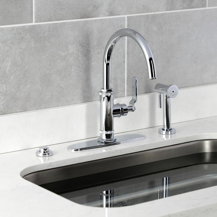 Kingston Sona KS2431KL - Whitaker Single-Handle 2-Hole Deck Mount Kitchen Faucet with Brass Side Sprayer, Polished Chrome