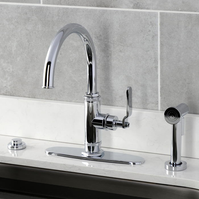 Kingston Sona KS2431KL - Whitaker Single-Handle 2-Hole Deck Mount Kitchen Faucet with Brass Side Sprayer, Polished Chrome
