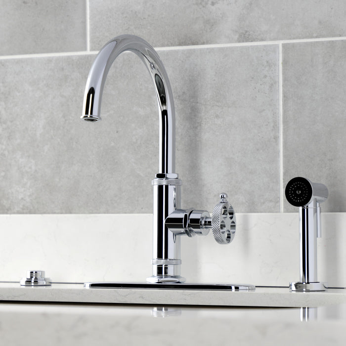 Kingston Sona KS2431RKX - Webb Single-Handle 1-Hole Deck Mount Kitchen Faucet with Knurled Handle and Brass Side Sprayer, Polished Chrome