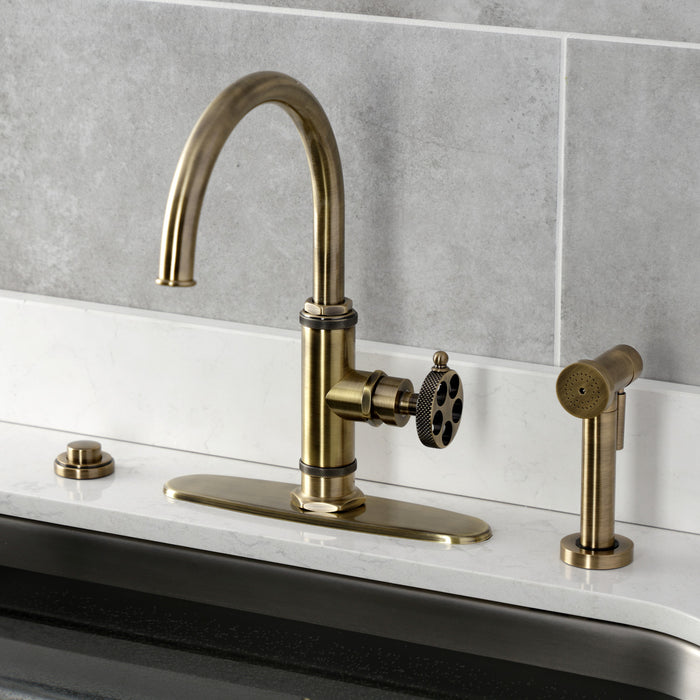 Kingston Sona KS2433RKX - Webb Single-Handle 1-Hole Deck Mount Kitchen Faucet with Knurled Handle and Brass Side Sprayer, Antique Brass