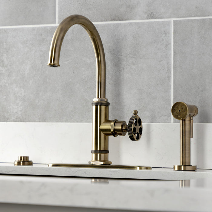 Kingston Sona KS2433RKX - Webb Single-Handle 1-Hole Deck Mount Kitchen Faucet with Knurled Handle and Brass Side Sprayer, Antique Brass