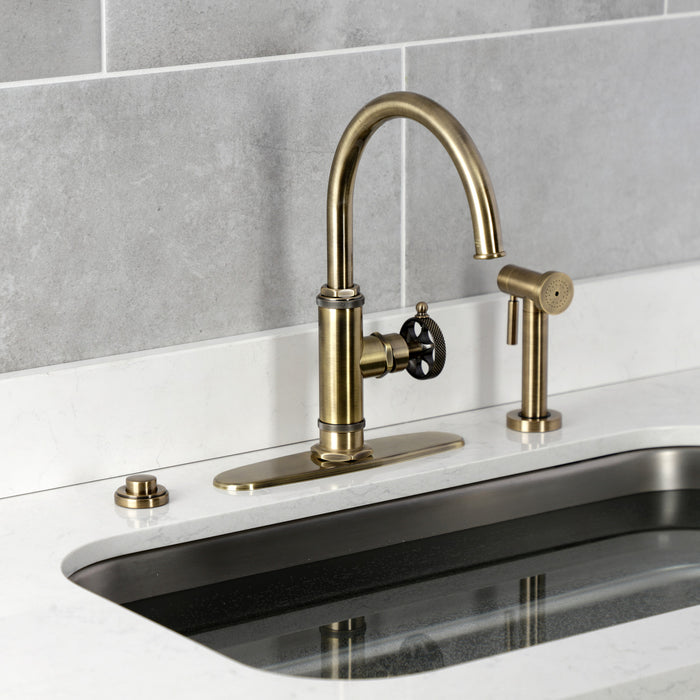 Kingston Sona KS2433RKX - Webb Single-Handle 1-Hole Deck Mount Kitchen Faucet with Knurled Handle and Brass Side Sprayer, Antique Brass