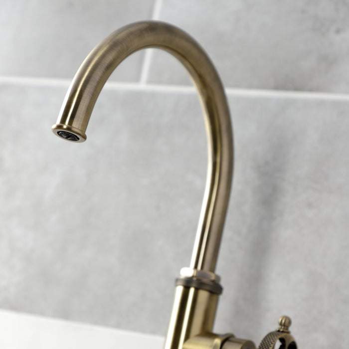 Kingston Sona KS2433RKX - Webb Single-Handle 1-Hole Deck Mount Kitchen Faucet with Knurled Handle and Brass Side Sprayer, Antique Brass