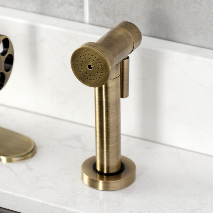 Kingston Sona KS2433RKX - Webb Single-Handle 1-Hole Deck Mount Kitchen Faucet with Knurled Handle and Brass Side Sprayer, Antique Brass