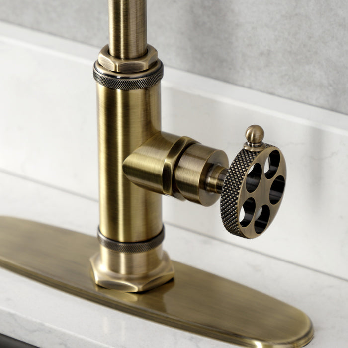 Kingston Sona KS2433RKX - Webb Single-Handle 1-Hole Deck Mount Kitchen Faucet with Knurled Handle and Brass Side Sprayer, Antique Brass