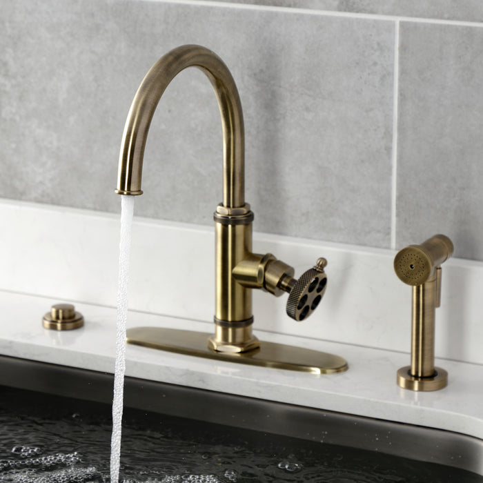 Kingston Sona KS2433RKX - Webb Single-Handle 1-Hole Deck Mount Kitchen Faucet with Knurled Handle and Brass Side Sprayer, Antique Brass
