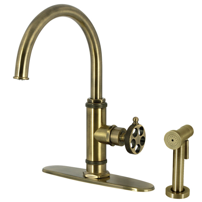 Kingston Sona KS2433RKX - Webb Single-Handle 1-Hole Deck Mount Kitchen Faucet with Knurled Handle and Brass Side Sprayer, Antique Brass